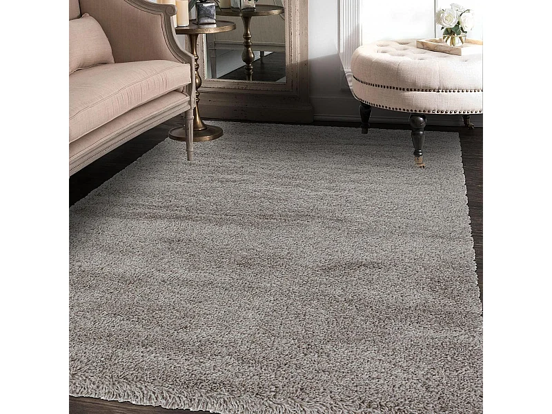 Tapis longs poils shaggy Ø200cm rond tissé beige motif uni UNI B