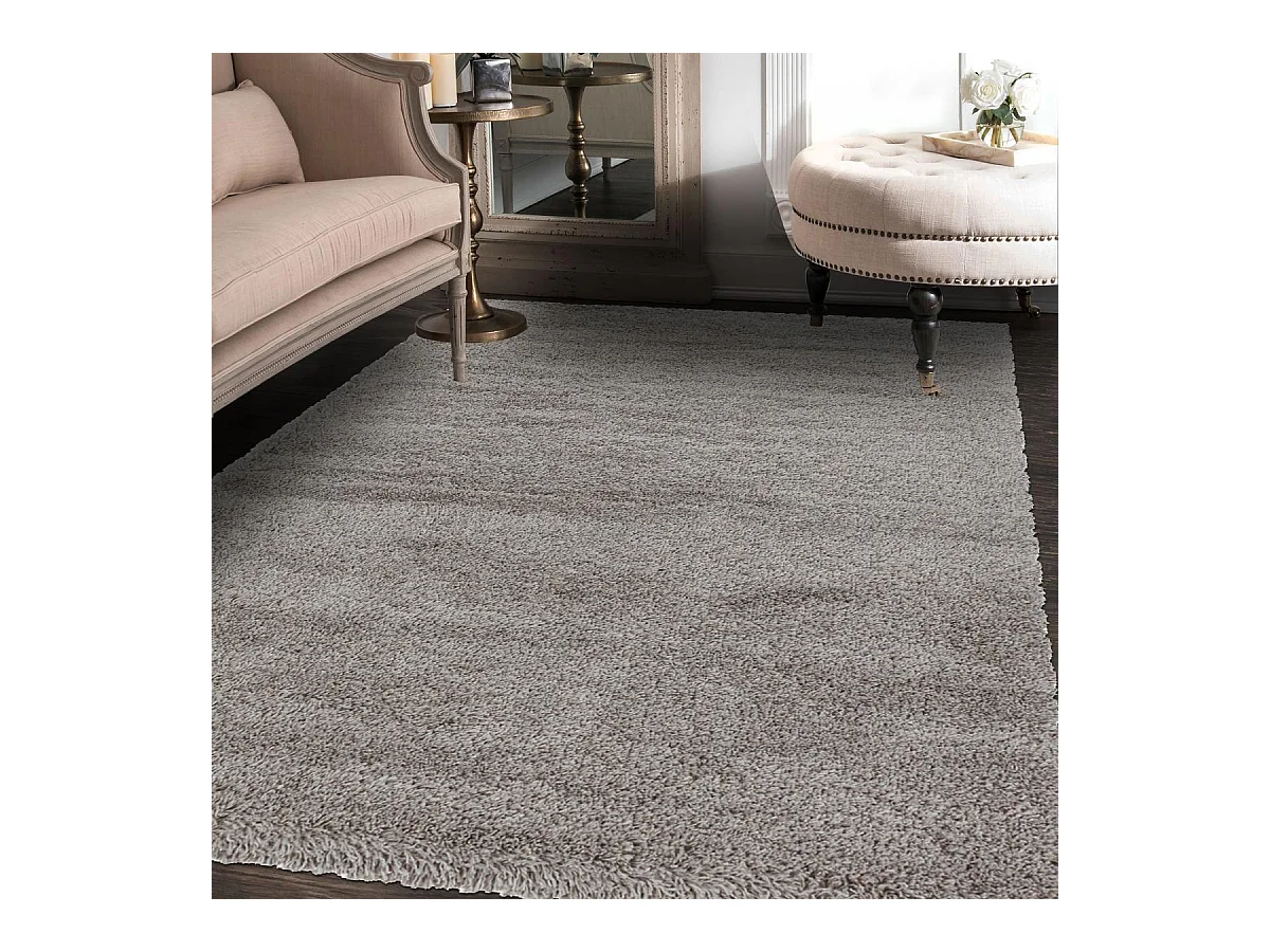 Tapis longs poils shaggy Ø200cm rond tissé beige motif uni UNI B