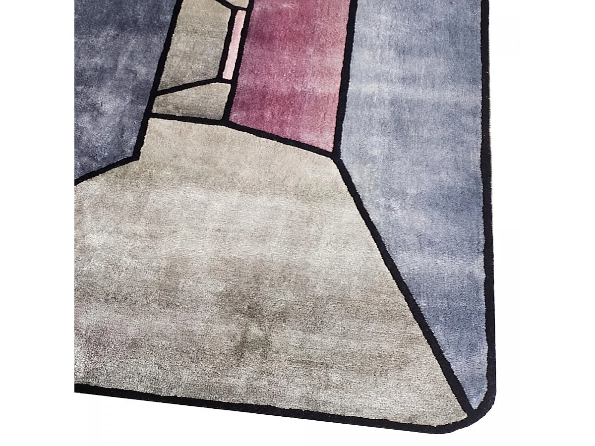 tapis salon 160x230 fait à la main en laine gris et bleu motif géométrique