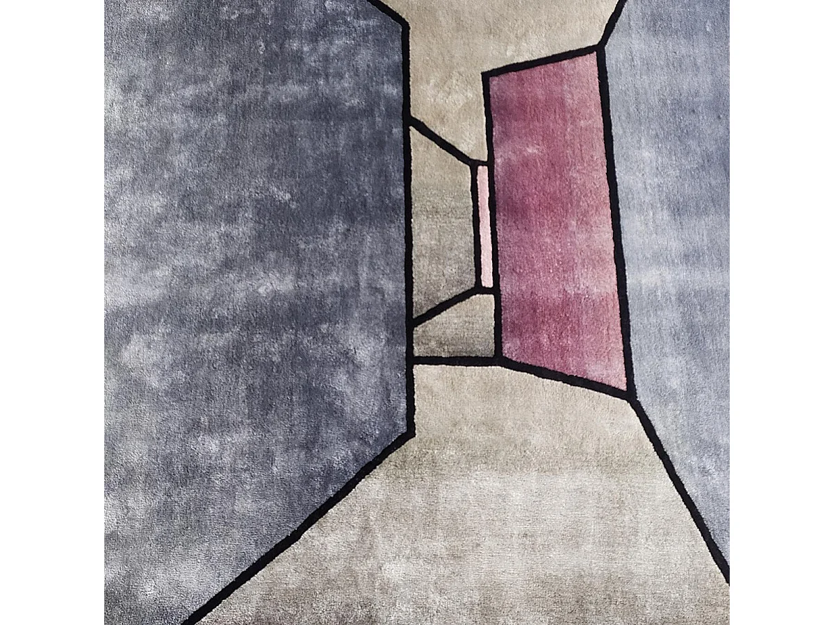 tapis salon 160x230 fait à la main en laine gris et bleu motif géométrique