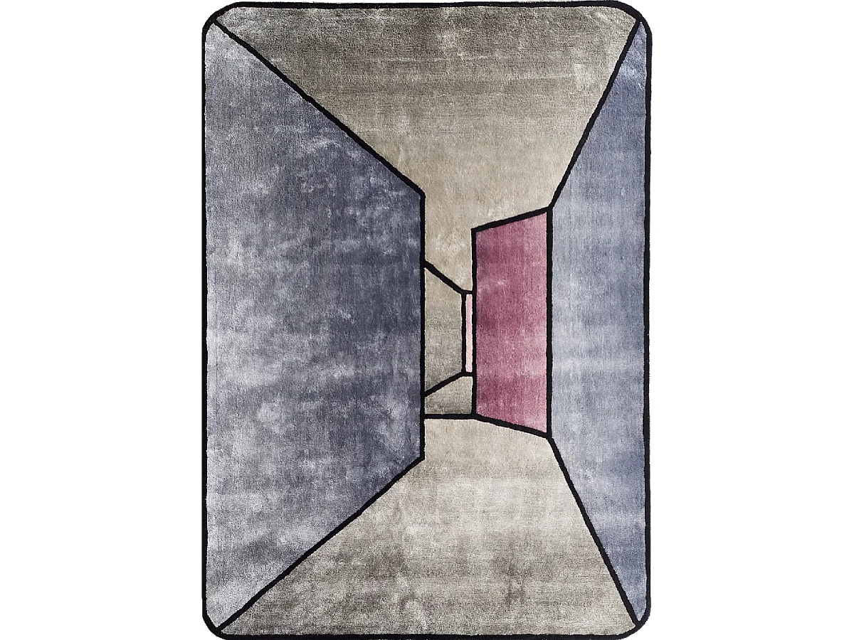 tapis salon 160x230 fait à la main en laine gris et bleu motif géométrique