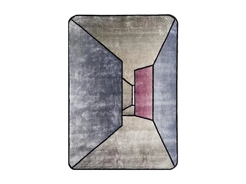 tapis salon 160x230 fait à la main en laine gris et bleu motif géométrique