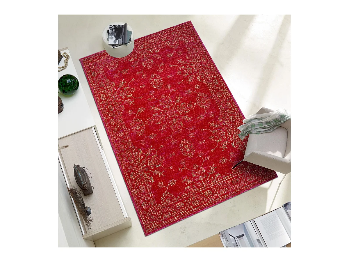Tapis kilim 120x170 rectangle tissé rouge et crème motif baroque CLARK 8