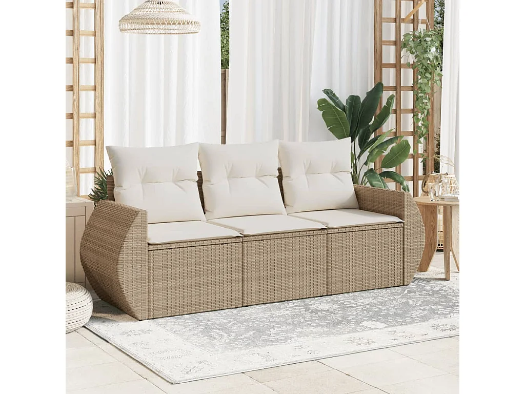 Salon de jardin avec coussins 3 pcs beige résine tressée
