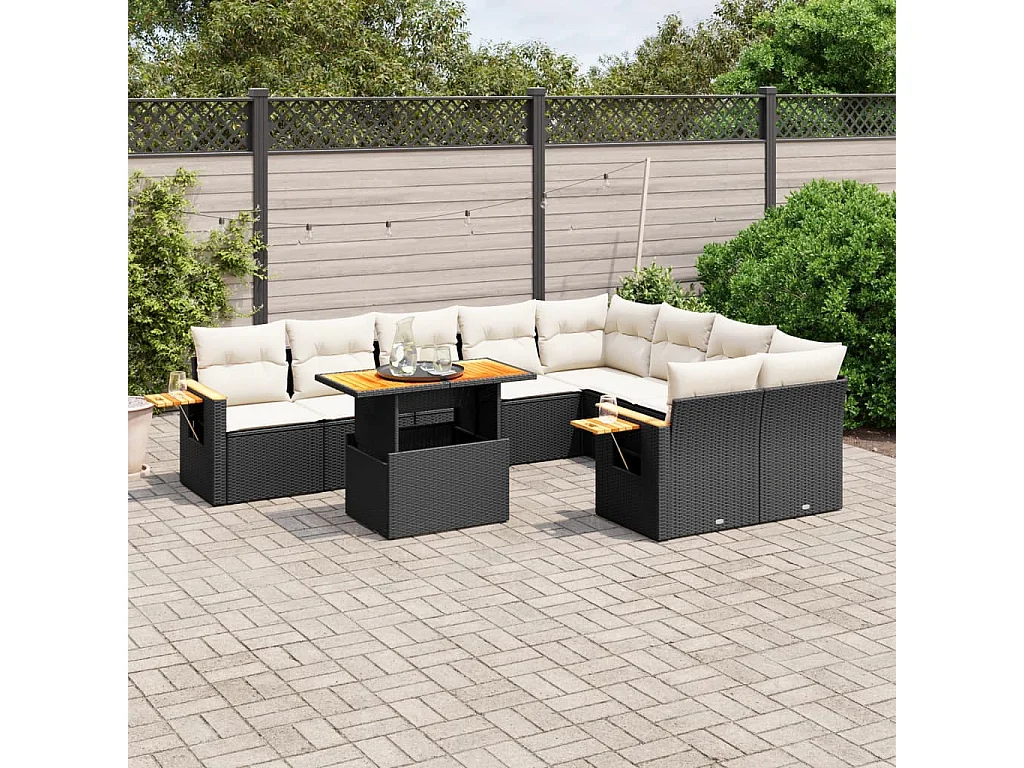 Salon de jardin 10 pcs avec coussins noir résine tressée
