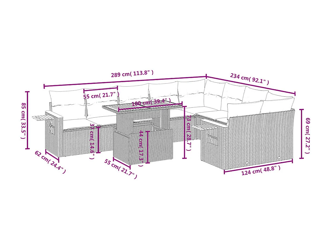 Salon de jardin 10 pcs avec coussins noir résine tressée
