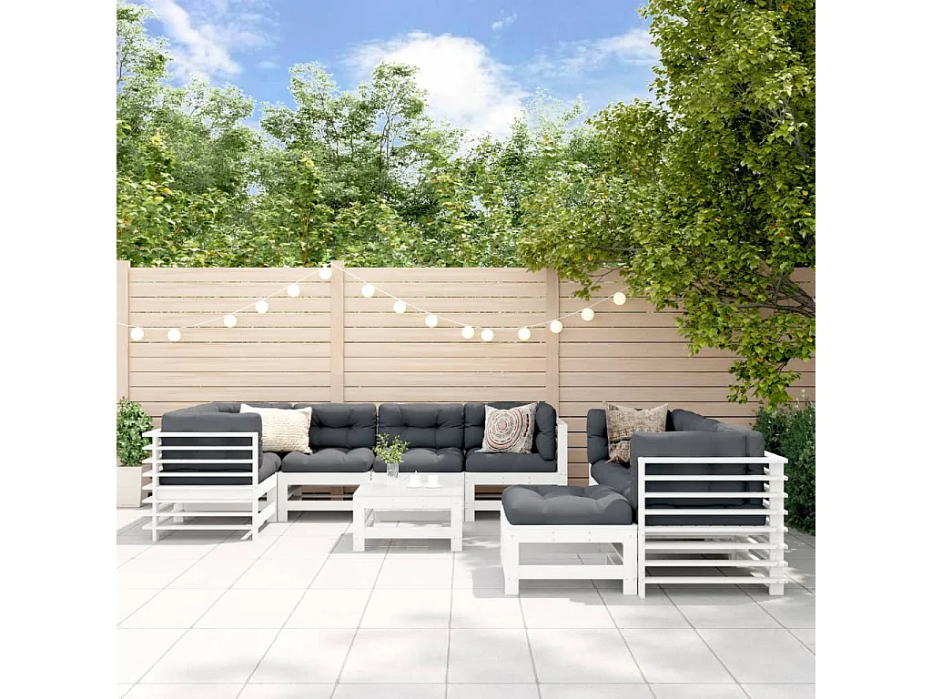 Salon de jardin 10 pcs avec coussins blanc bois massif