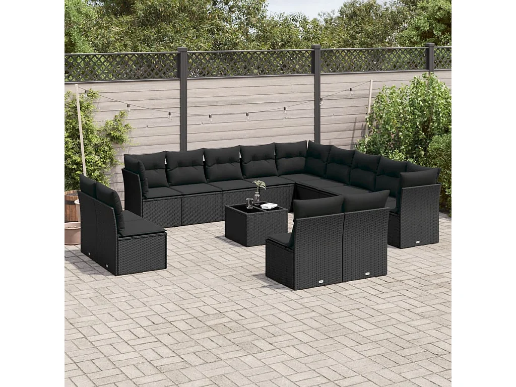 Salon de jardin avec coussins 14 pcs noir résine tressée