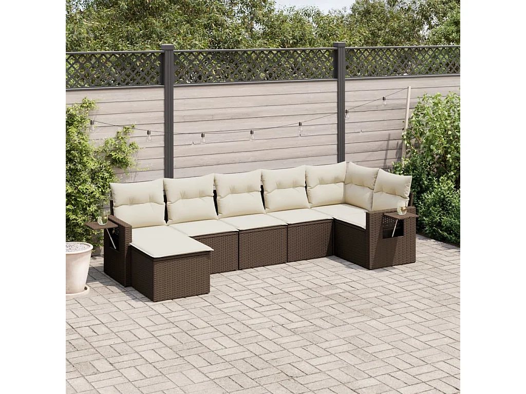 Salon de jardin avec coussins 7 pcs marron résine tressée