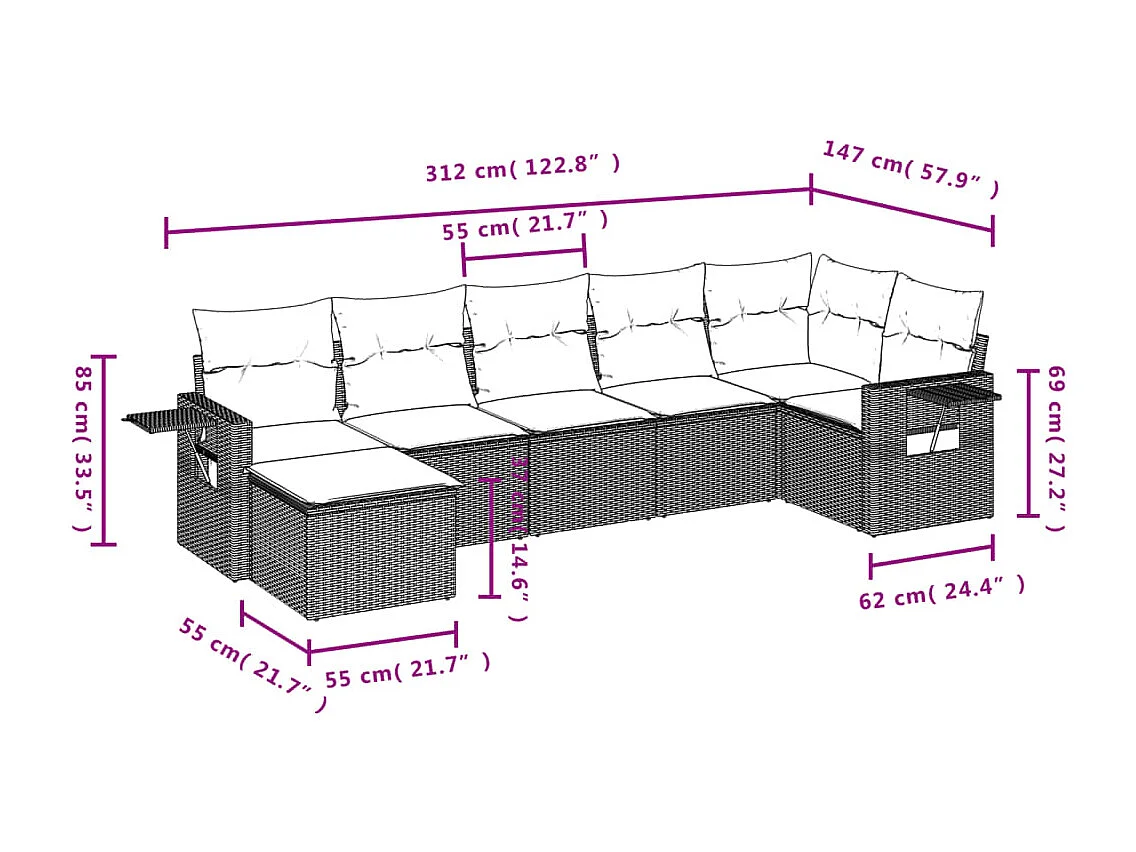 Salon de jardin avec coussins 7 pcs marron résine tressée