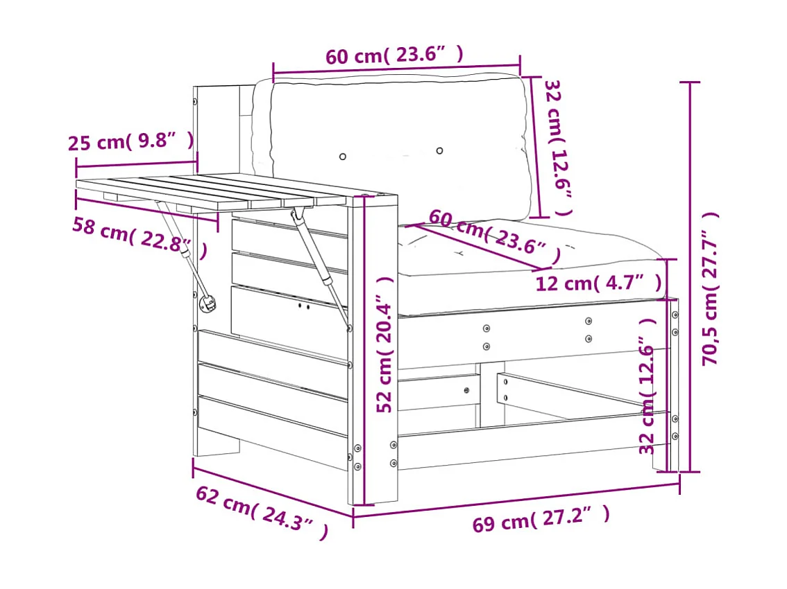 Canapé de jardin accoudoir avec coussin bois massif de pin