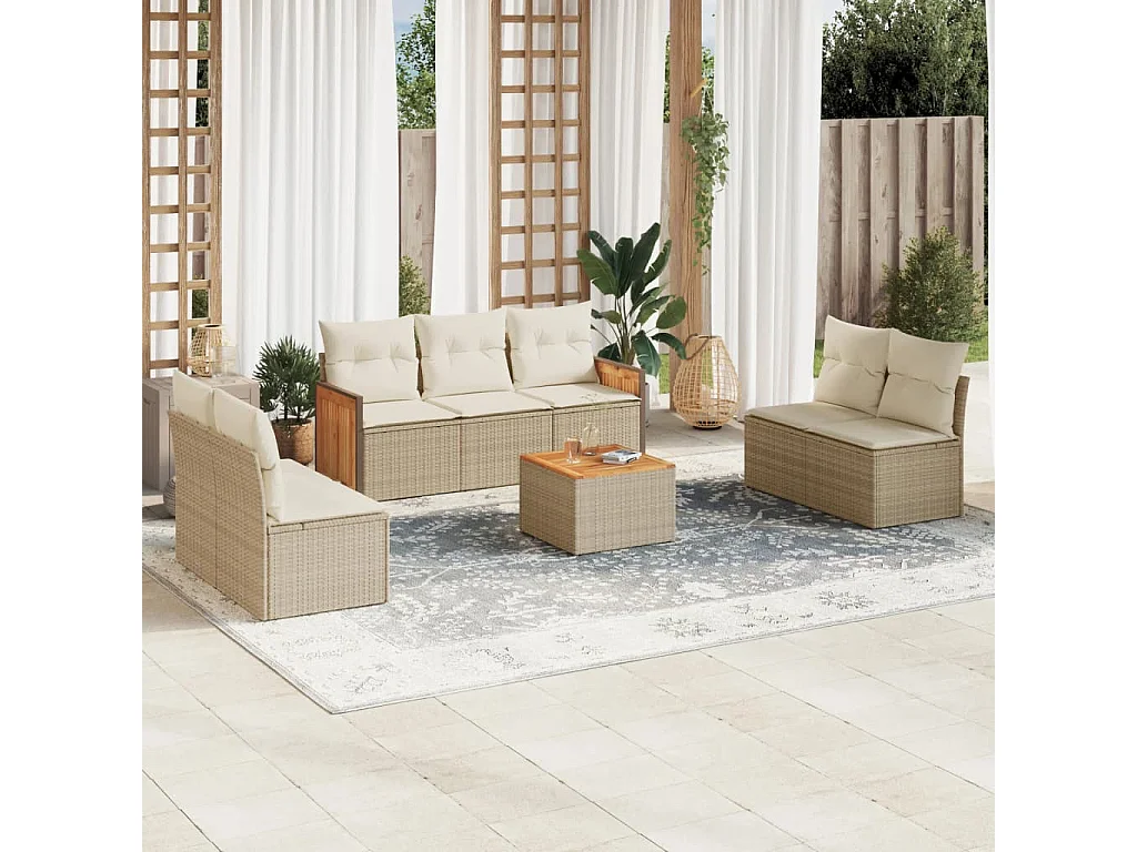 Salon de jardin avec coussins 8 pcs beige résine tressée