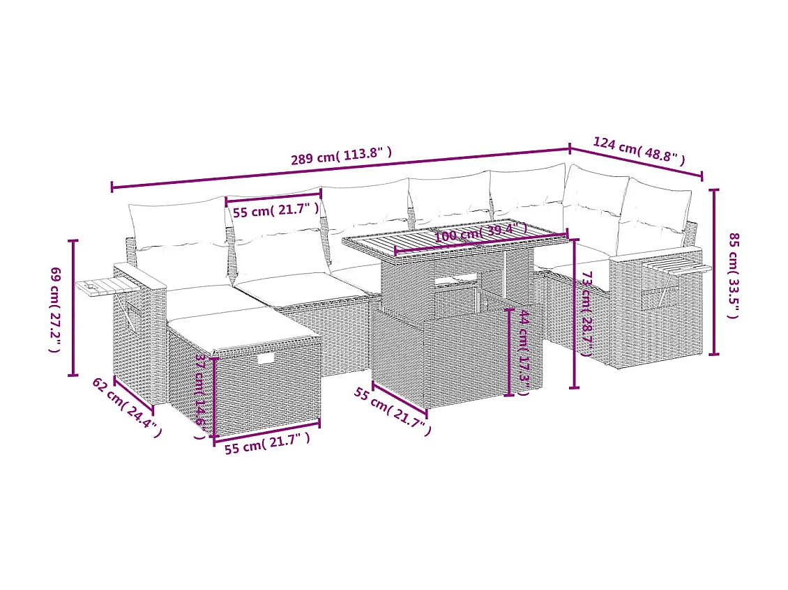Salon de jardin 8 pcs avec coussins noir résine tressée