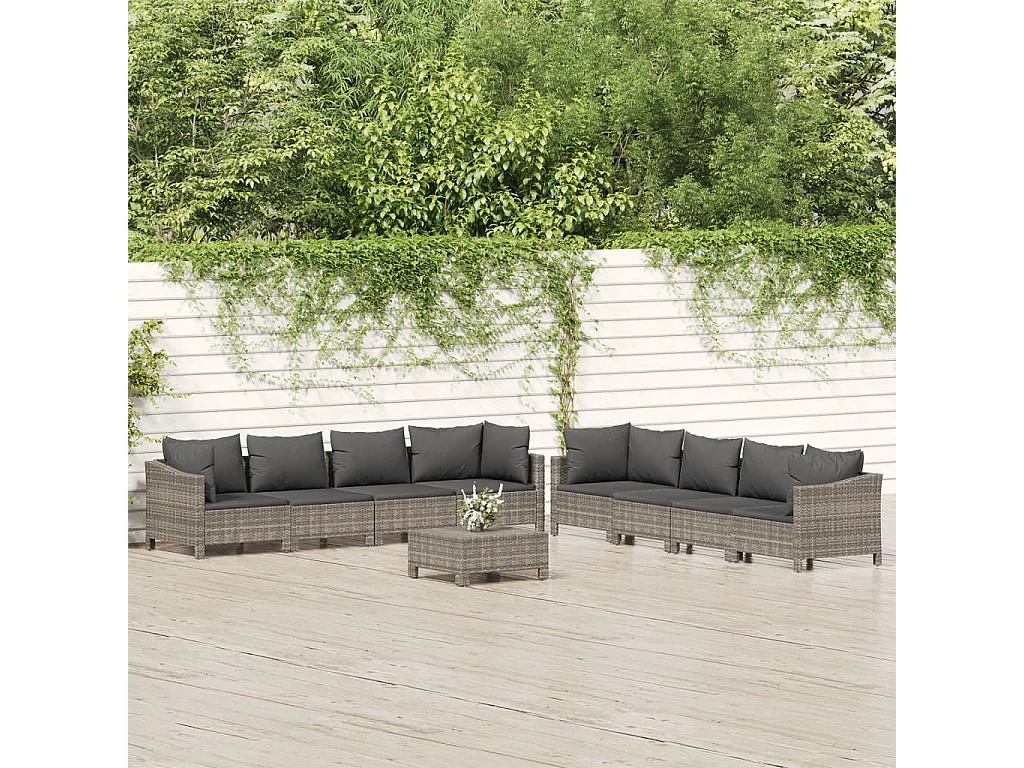 Salon de jardin 9 pcs avec coussins Gris Résine tressée