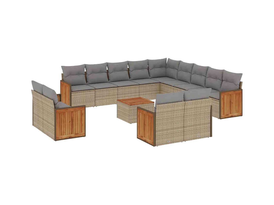 Salon de jardin avec coussins 14 pcs beige résine tressée