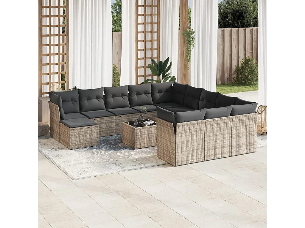 Salon de jardin avec coussins 13 pcs gris résine tressée