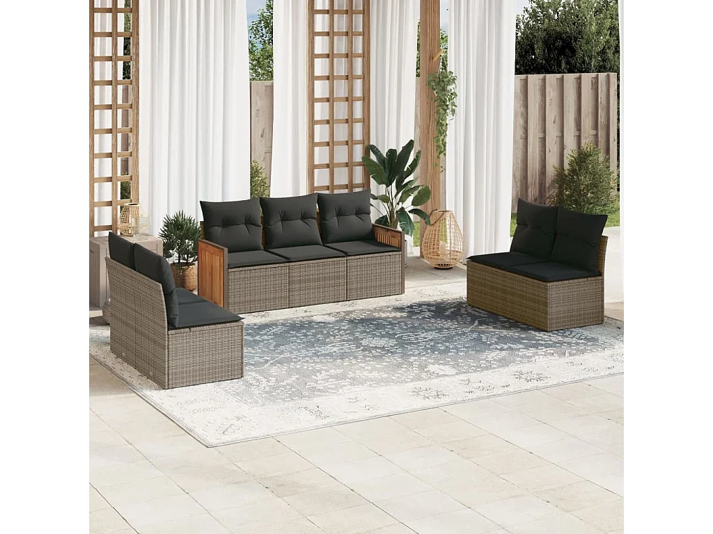 Salon de jardin avec coussins 7 pcs gris résine tressée