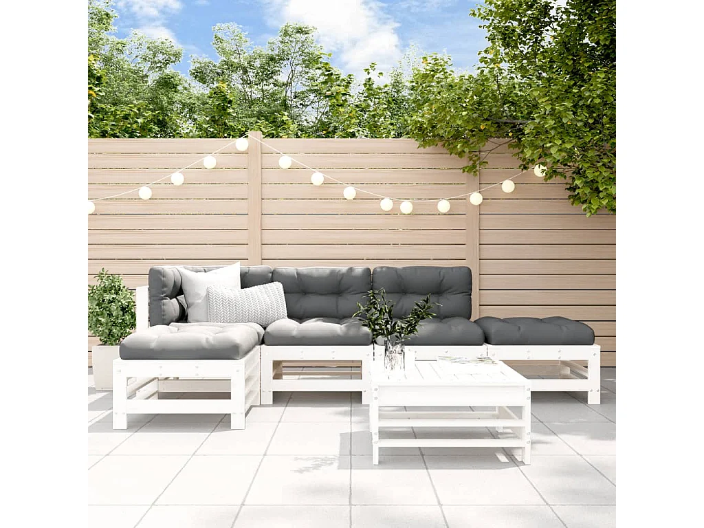 Salon de jardin 6 pcs avec coussins blanc bois massif