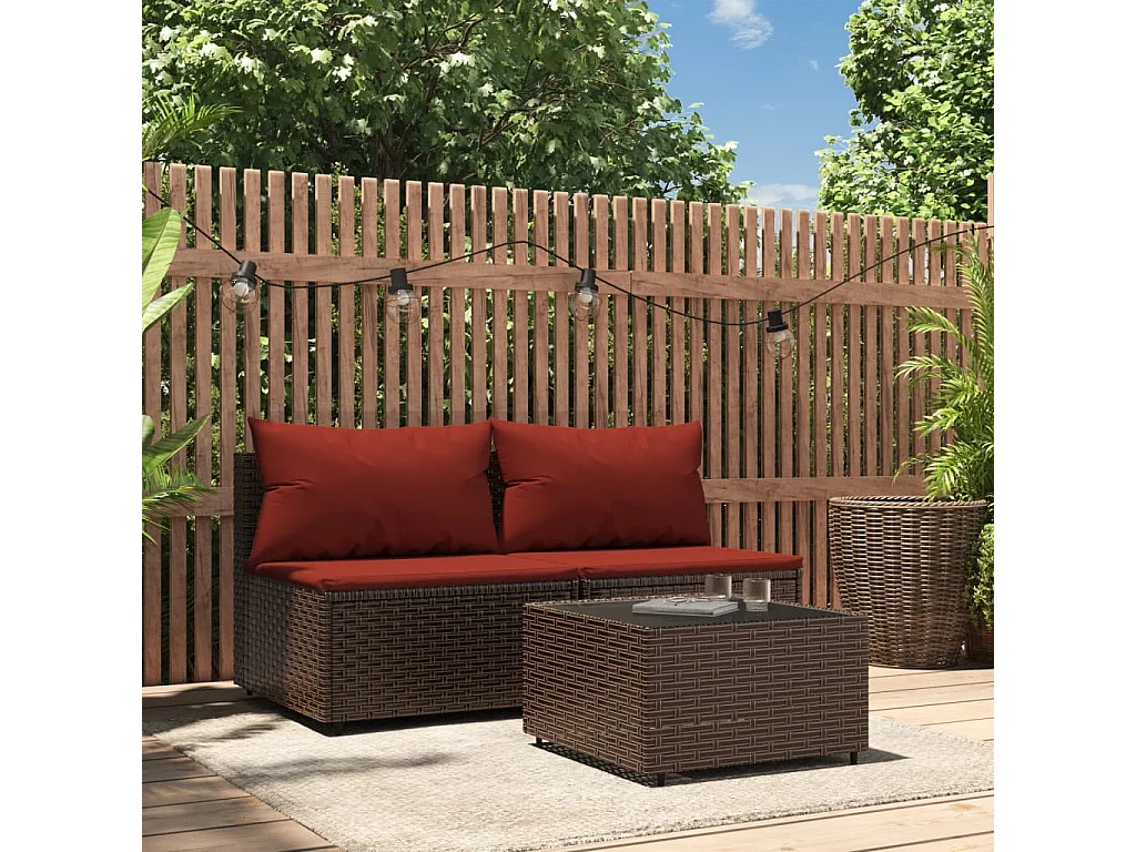 Salon de jardin 3 pcs avec coussins marron résine tressée