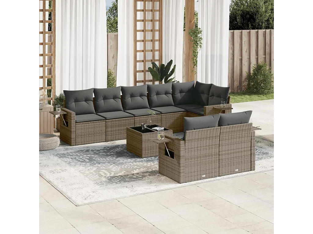 Salon de jardin 9 pcs avec coussins gris résine tressée