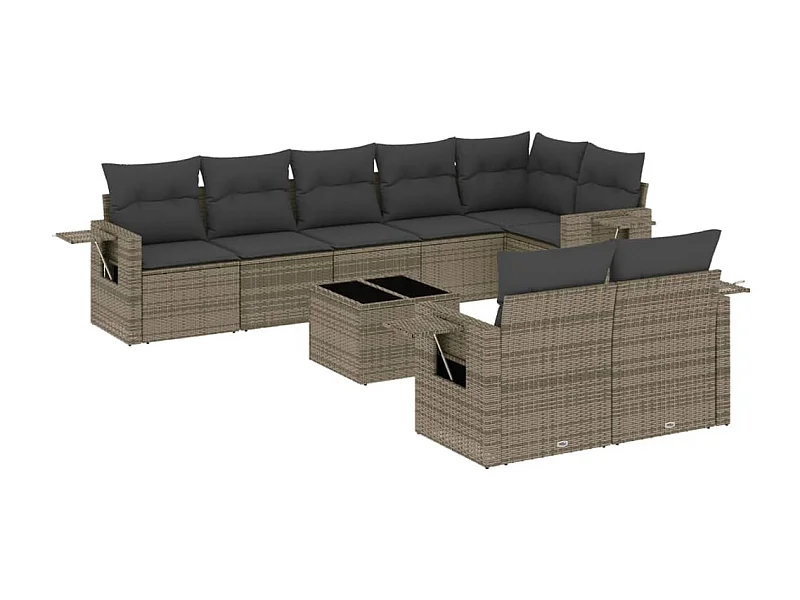 Salon de jardin 9 pcs avec coussins gris résine tressée