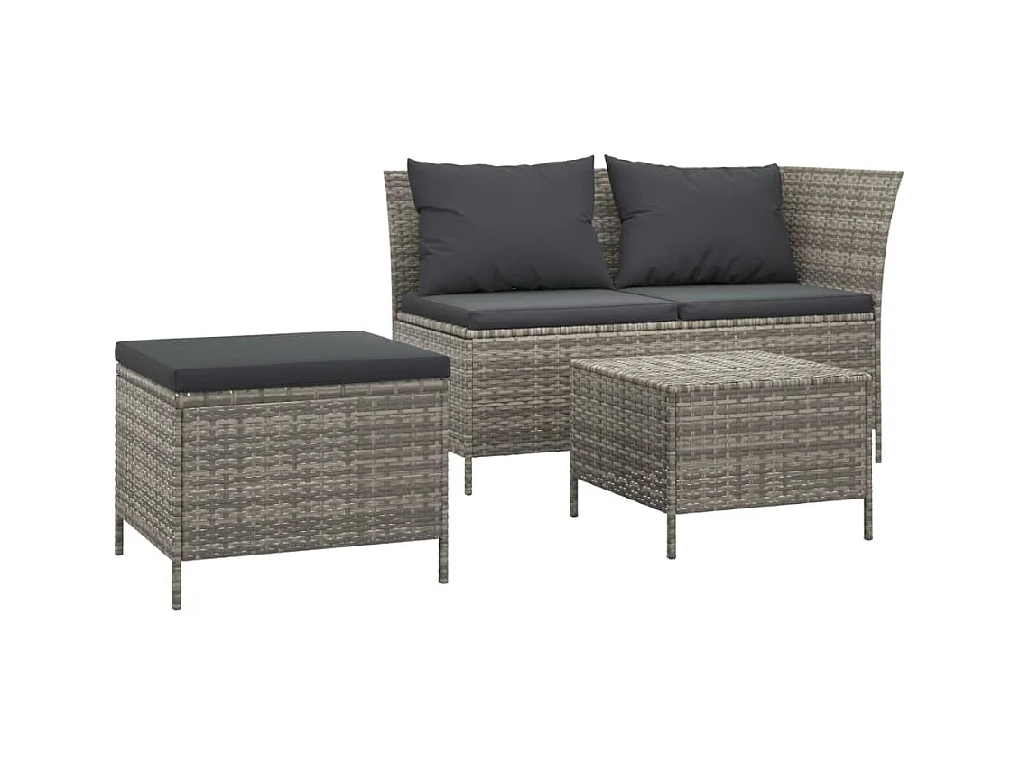 Salon de jardin 3 pcs avec coussins Gris Résine tressée
