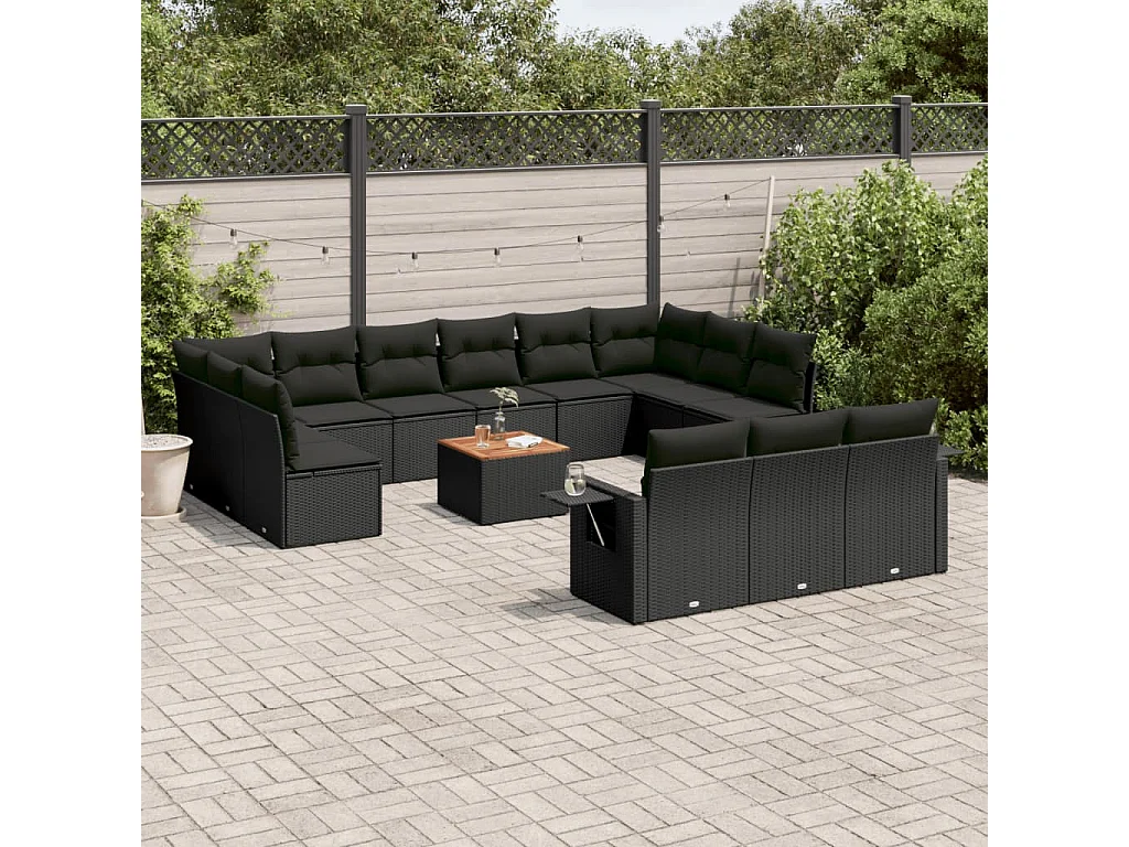 Salon de jardin avec coussins 14 pcs noir résine tressée
