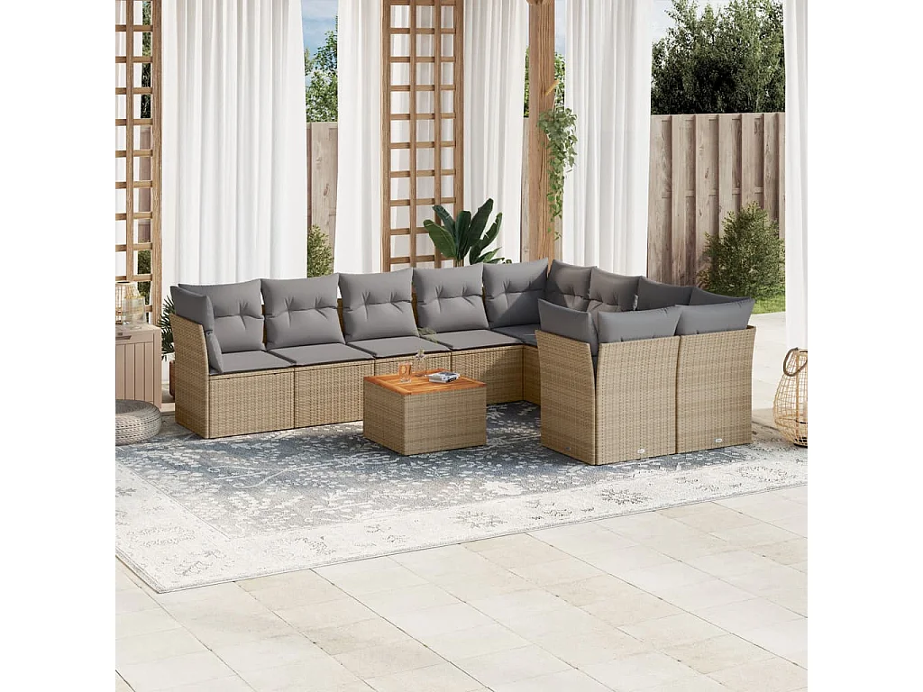 Salon de jardin avec coussins 10 pcs beige résine tressée