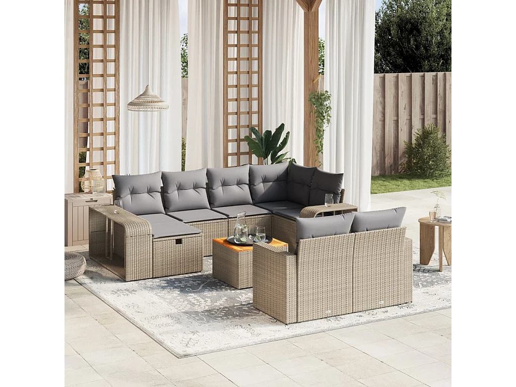 Salon de jardin 11 pcs avec coussins beige résine tressée