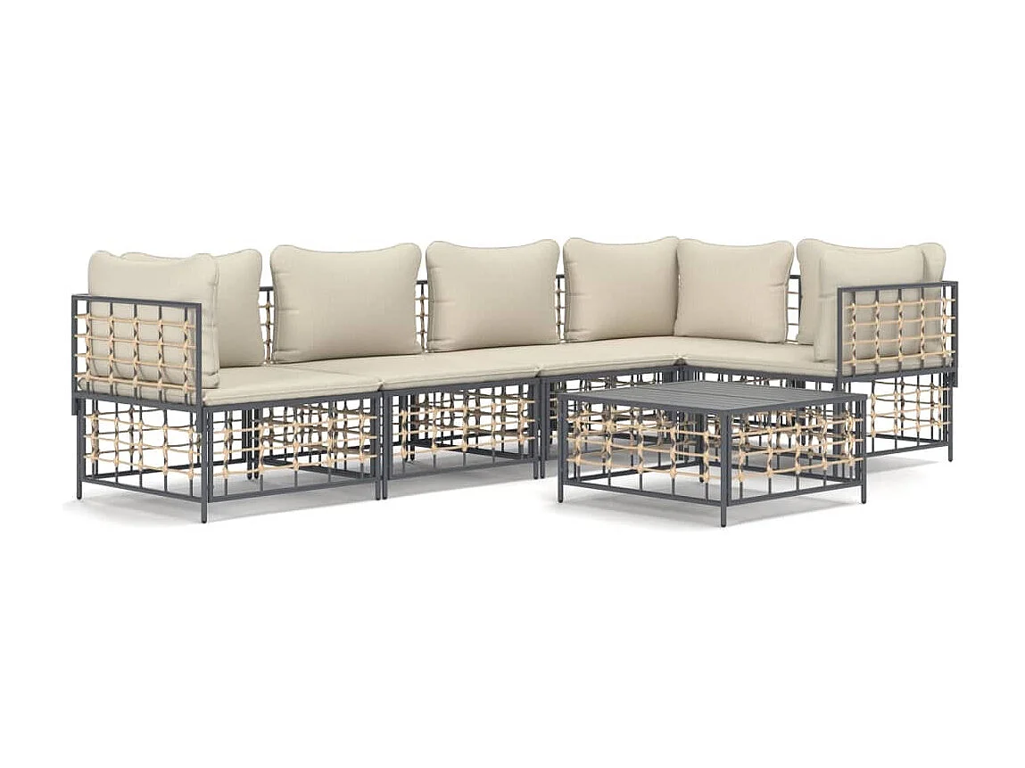 Salon de jardin 6 pcs avec coussins anthracite résine tressée