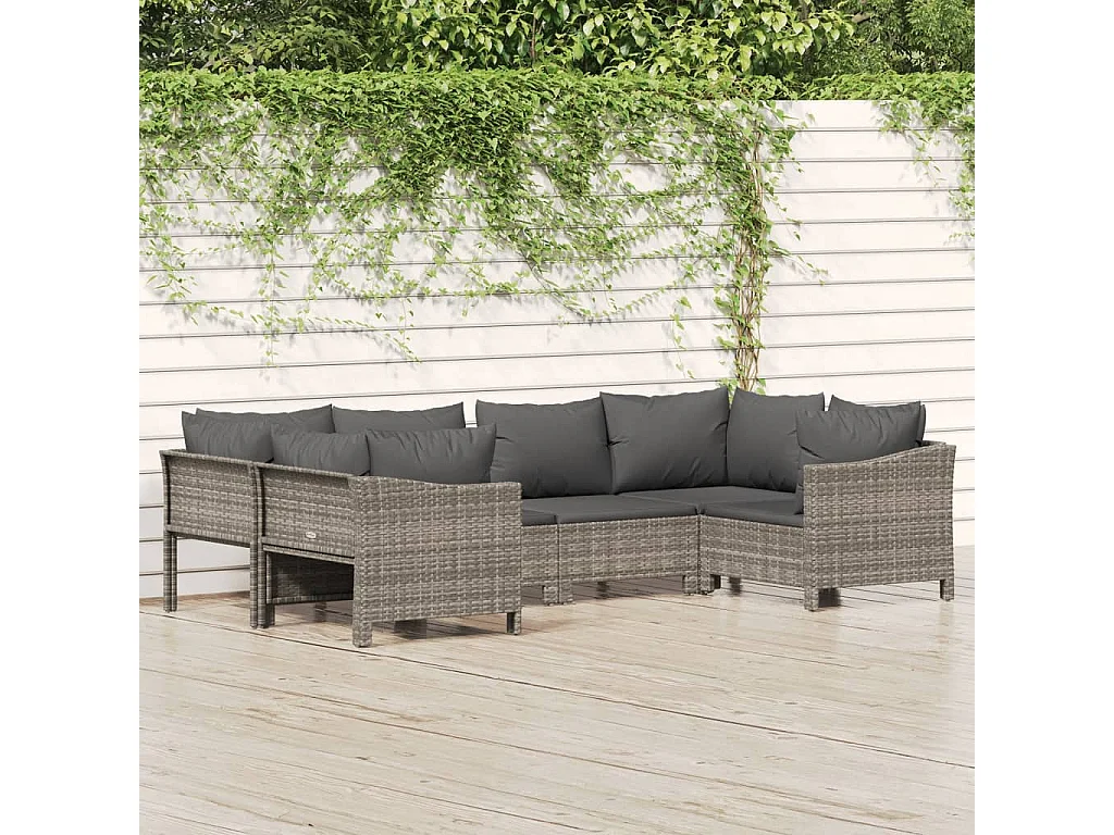Salon de jardin 6 pcs avec coussins Gris Résine tressée
