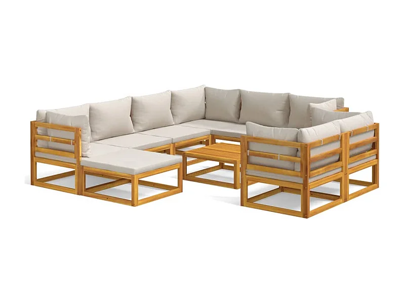 Salon de jardin 10 pcs avec coussins gris clair bois massif