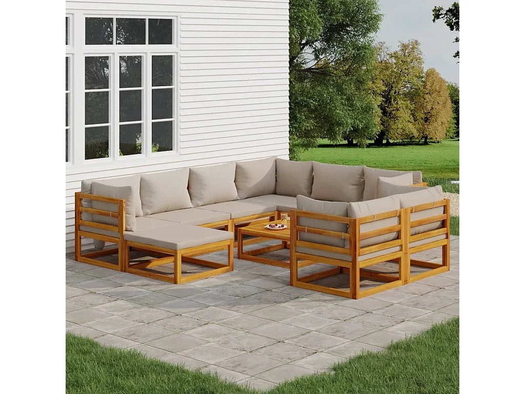 Salon de jardin 10 pcs avec coussins gris clair bois massif