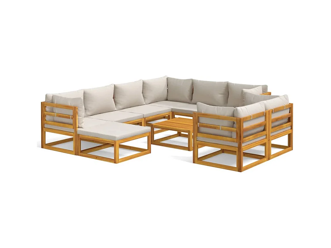 Salon de jardin 10 pcs avec coussins gris clair bois massif