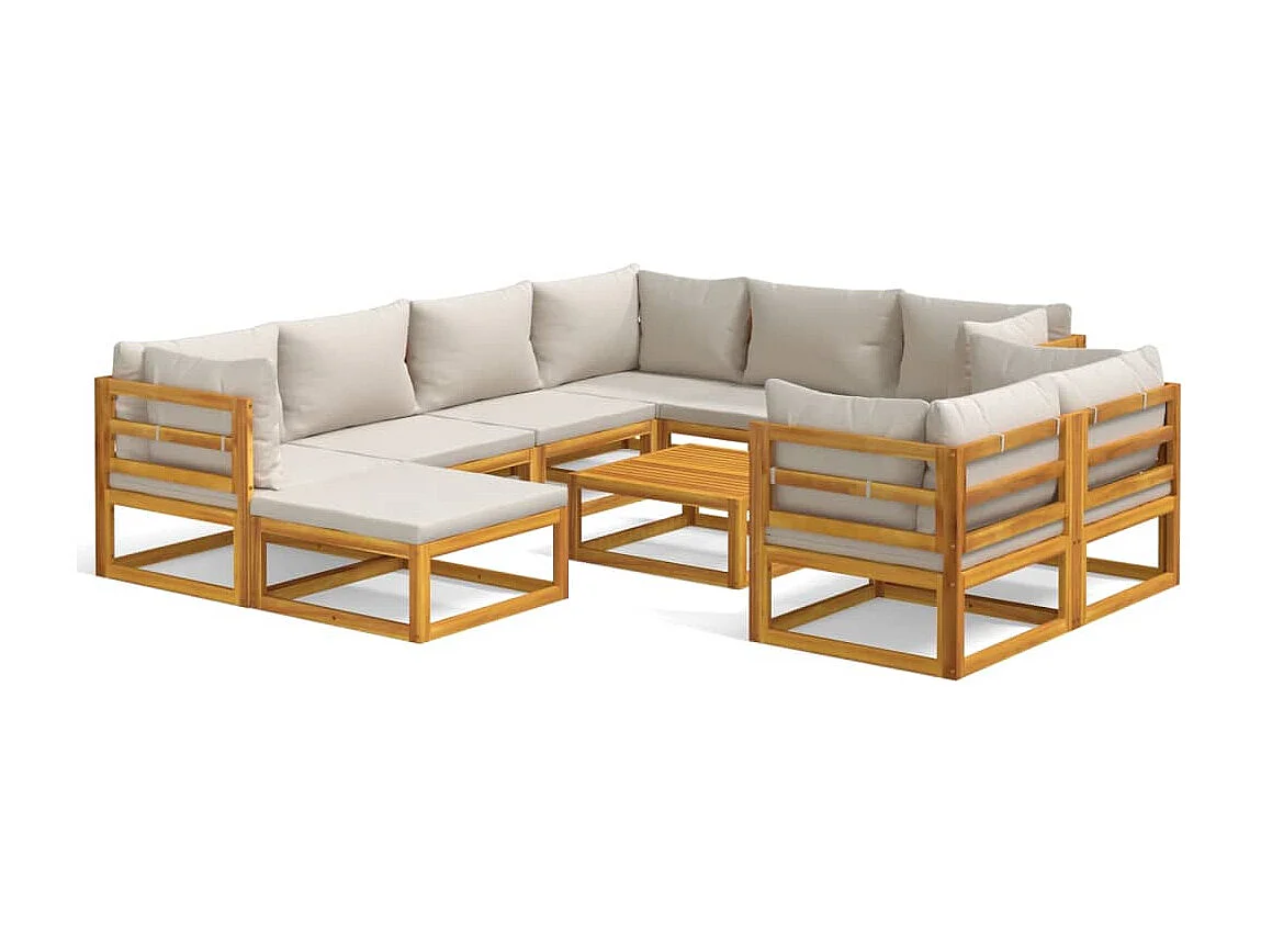 Salon de jardin 10 pcs avec coussins gris clair bois massif