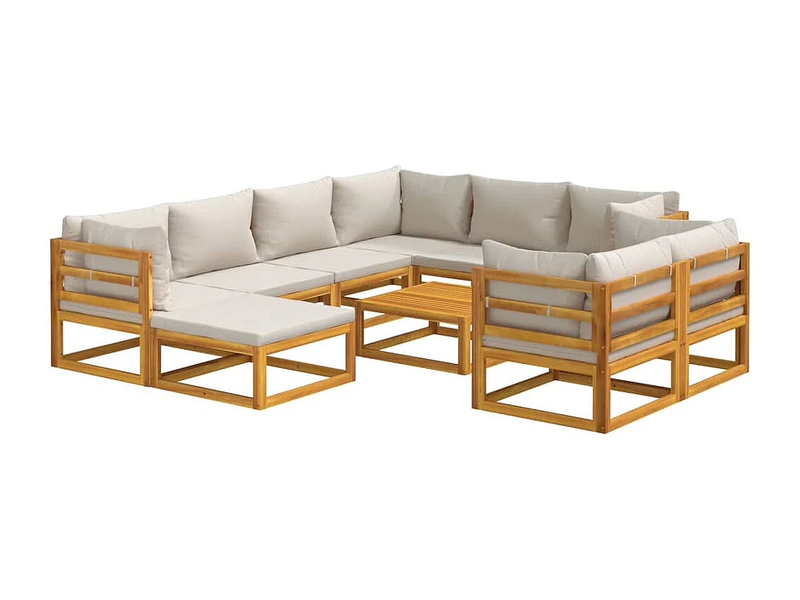 Salon de jardin 10 pcs avec coussins gris clair bois massif