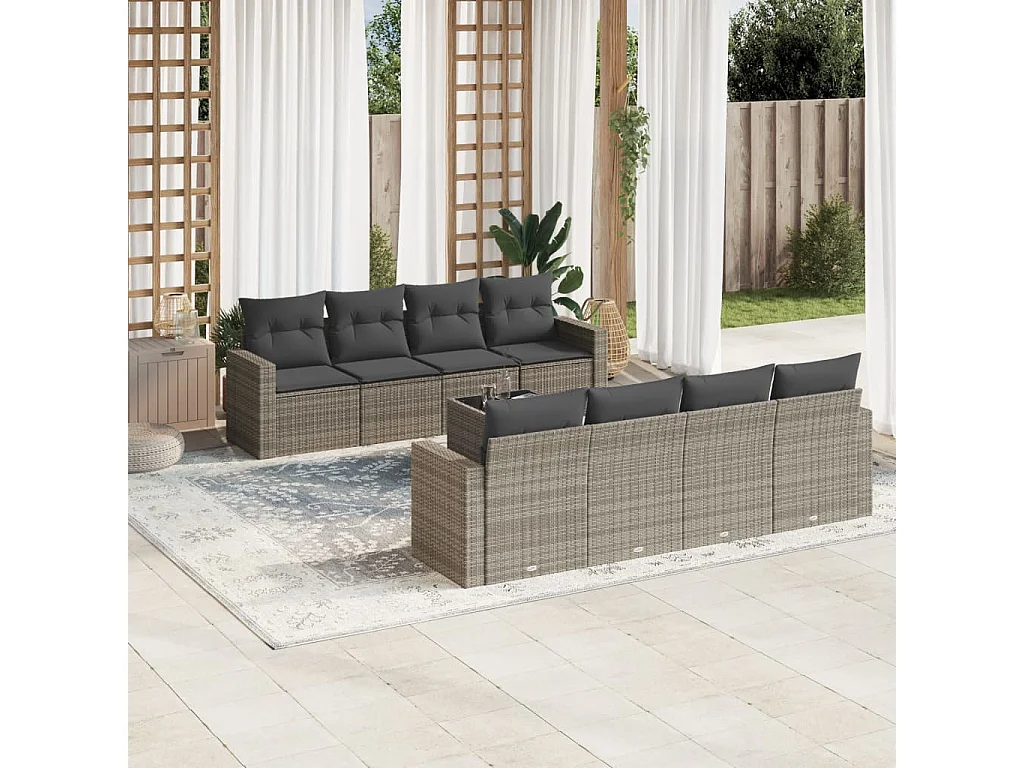 Salon de jardin 9 pcs avec coussins gris résine tressée