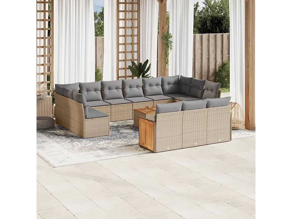 Salon de jardin avec coussins 14 pcs beige résine tressée