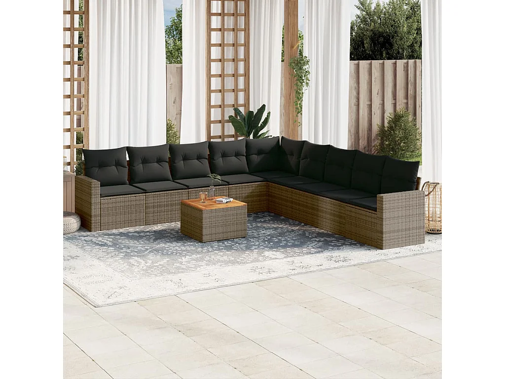 Salon de jardin avec coussins 10 pcs gris résine tressée