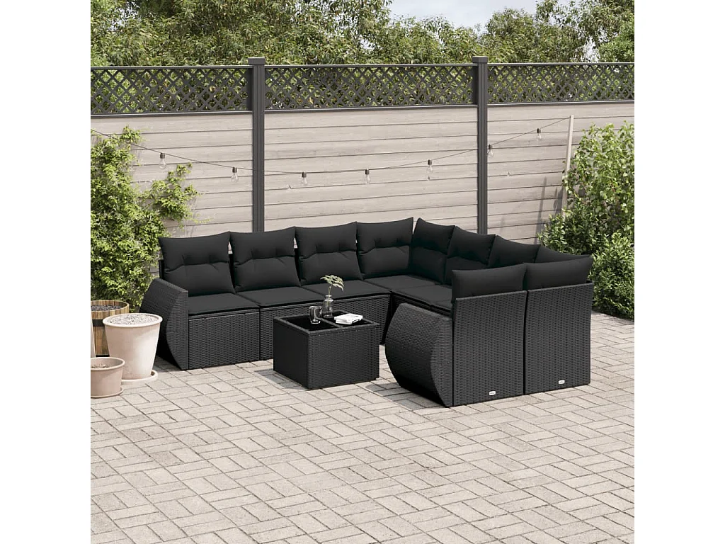 Salon de jardin 9 pcs avec coussins noir résine tressée