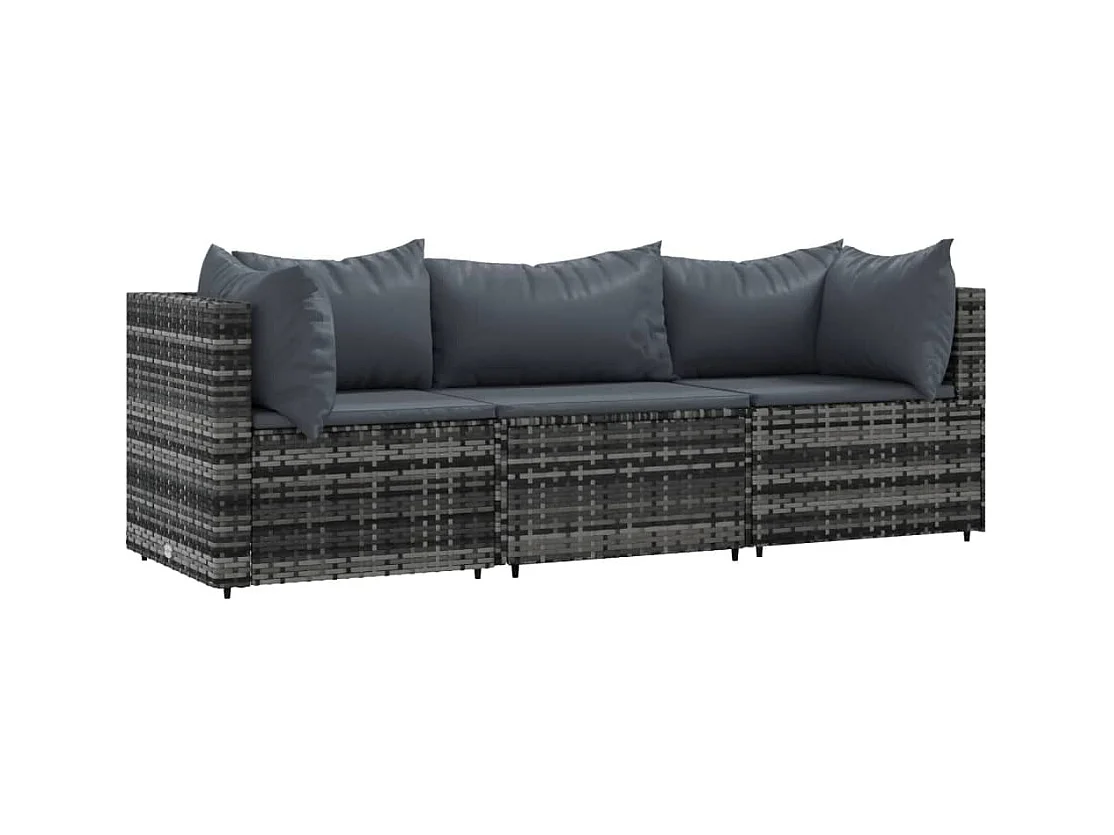 Salon de jardin 3 pcs avec coussins Gris Résine tressée