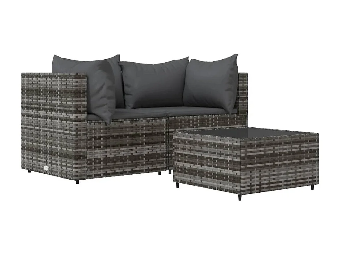 Salon de jardin 3 pcs avec coussins Gris Résine tressée