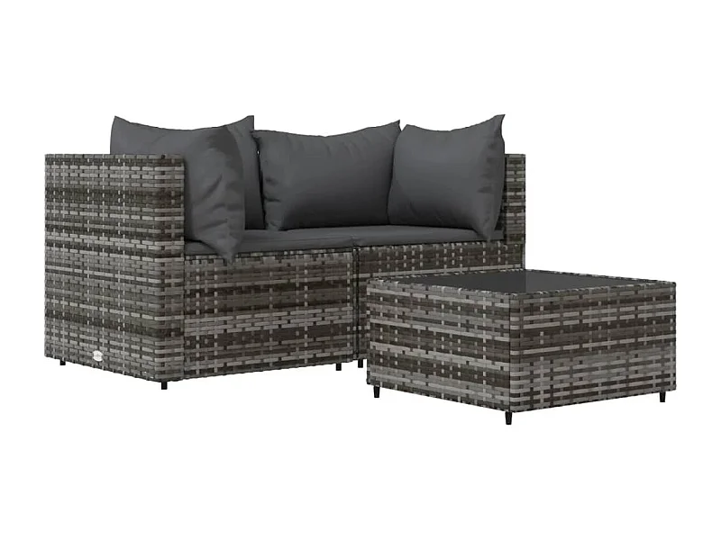 Salon de jardin 3 pcs avec coussins Gris Résine tressée