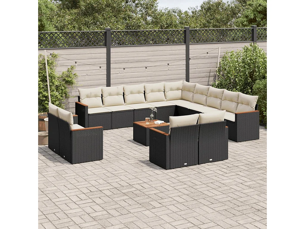 Salon de jardin avec coussins 14 pcs noir résine tressée