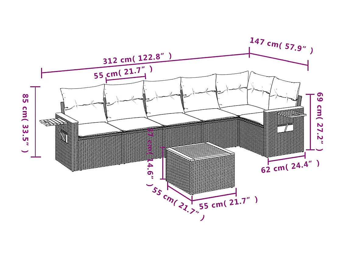 Salon de jardin avec coussins 7 pcs beige résine tressée