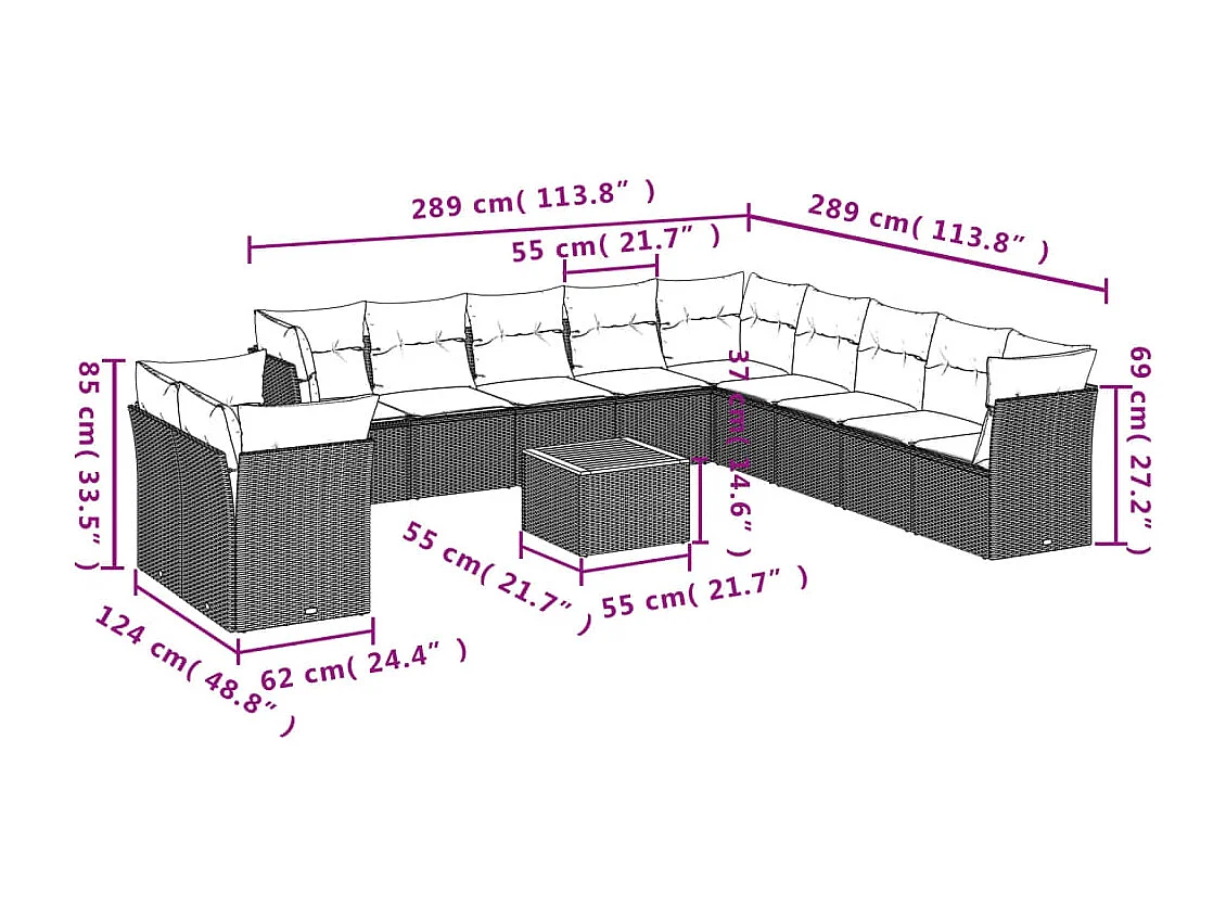 Salon de jardin 12 pcs avec coussins noir résine tressée