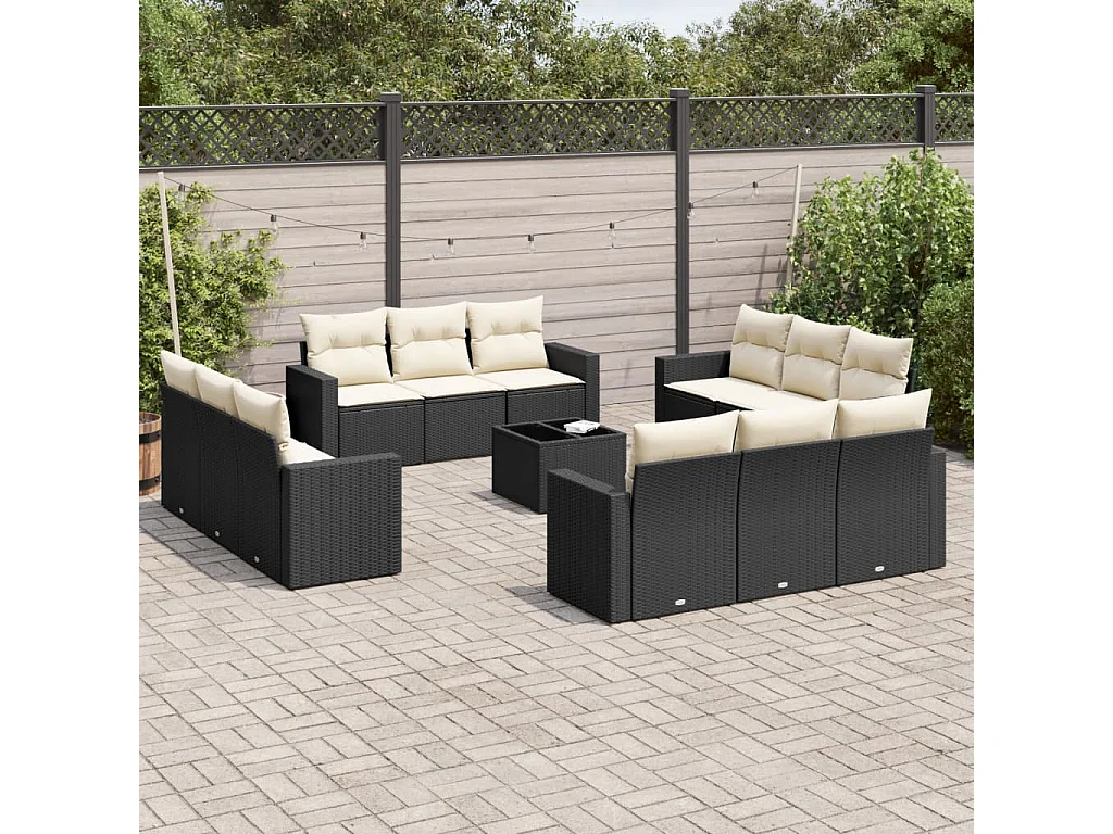 Salon de jardin avec coussins 13 pcs noir résine tressée