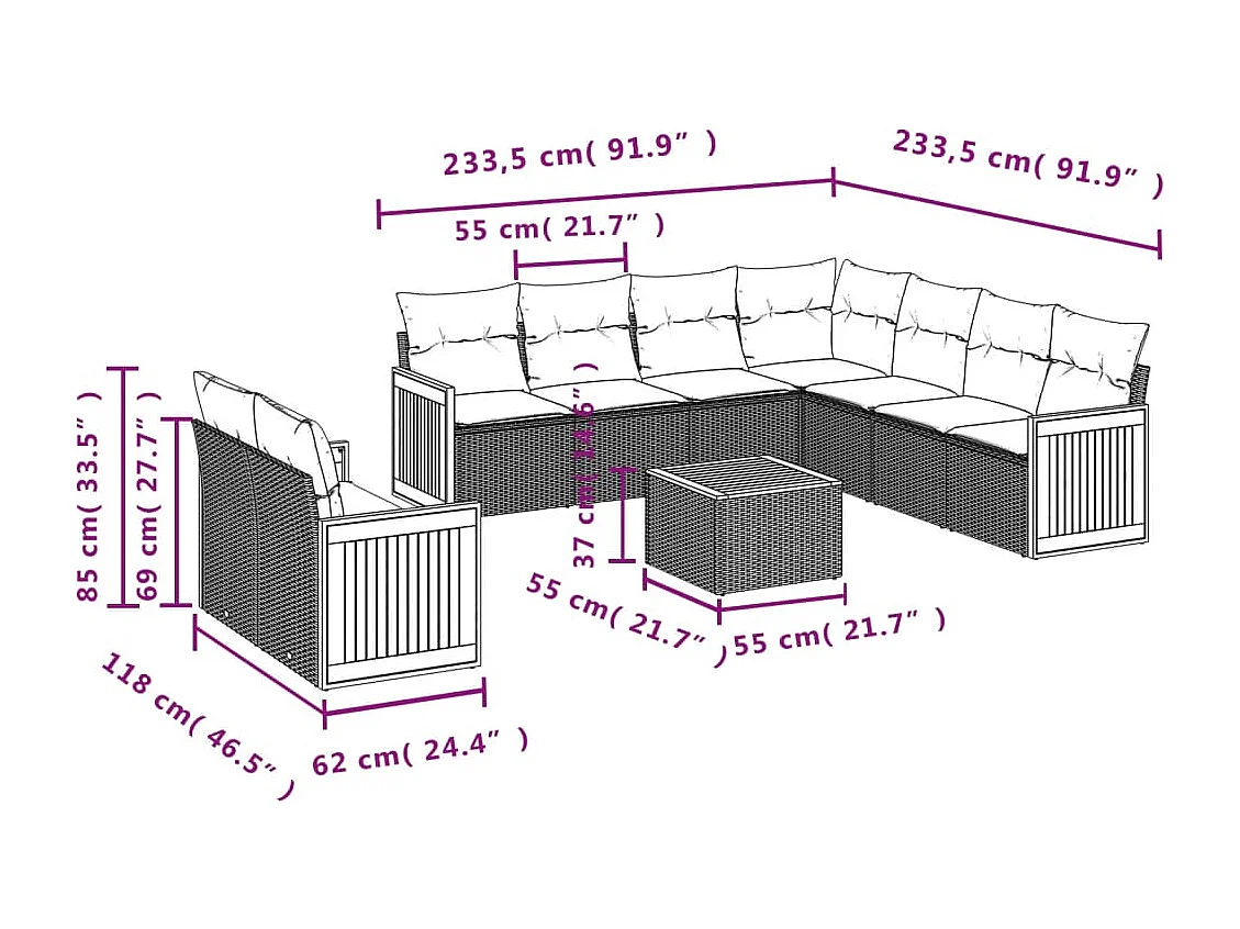 Salon de jardin 10 pcs avec coussins noir résine tressée
