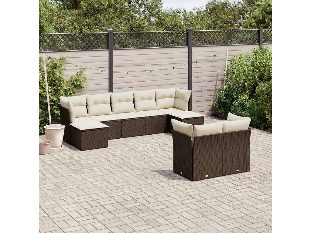 Salon de jardin avec coussins 9 pcs marron résine tressée