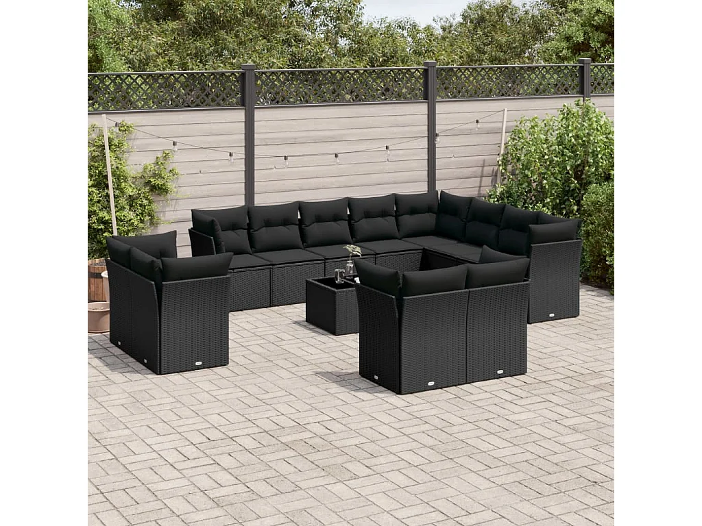Salon de jardin avec coussins 13 pcs noir résine tressée